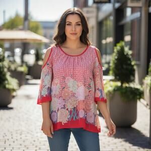 Bobeau Women's Red Pink Floral Blouse - Boho Flowy Top S